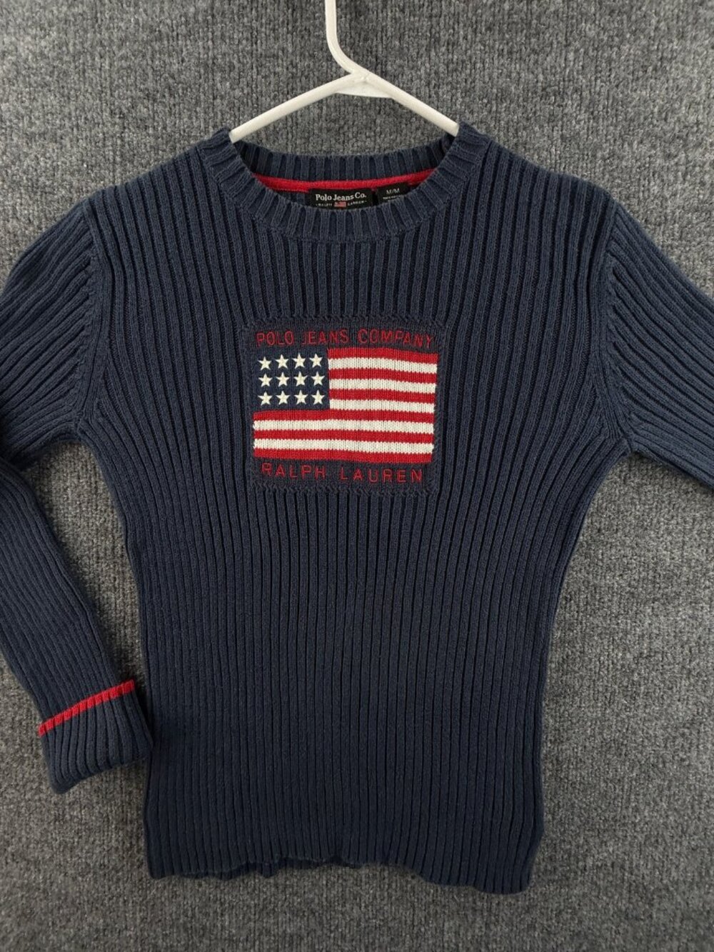 Ralph Lauren Ribbed USA Flag PJC Pullover Sweater Medium Blue Fiji Logo Graphic